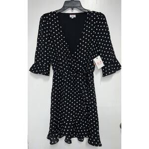 NWT Q+A Los Angeles Faux Wrap Dress Black & White Polka Dot S